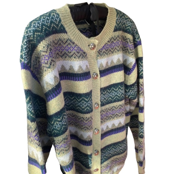 Cambridge Spirit Fair Isle Cardigan Size L 92% Wool 8% Acrylic Metallic Buttons - Picture 2 of 8